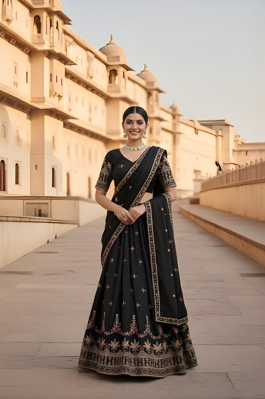 Elegant Black Georgette Embroidered Wedding Lehenga Choli with Dupatta