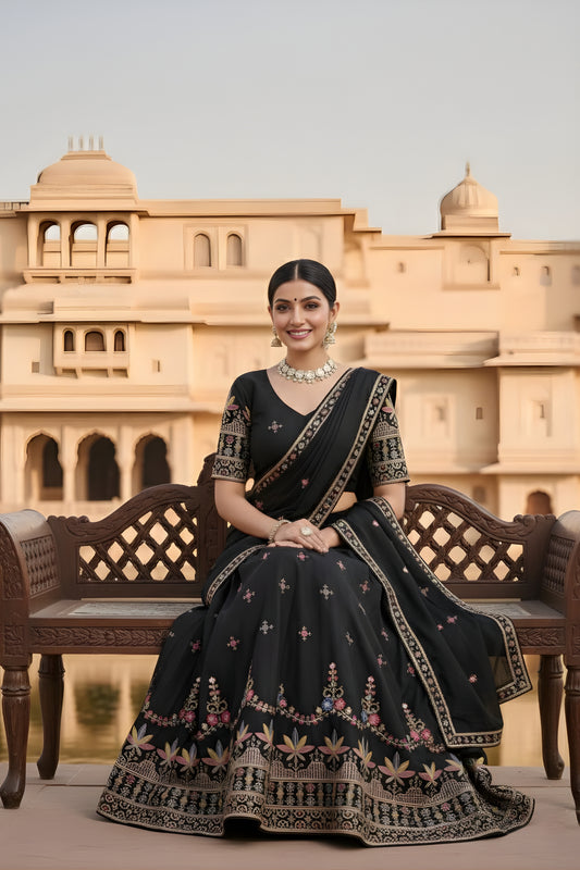 Elegant Black Georgette Embroidered Wedding Lehenga Choli with Dupatta