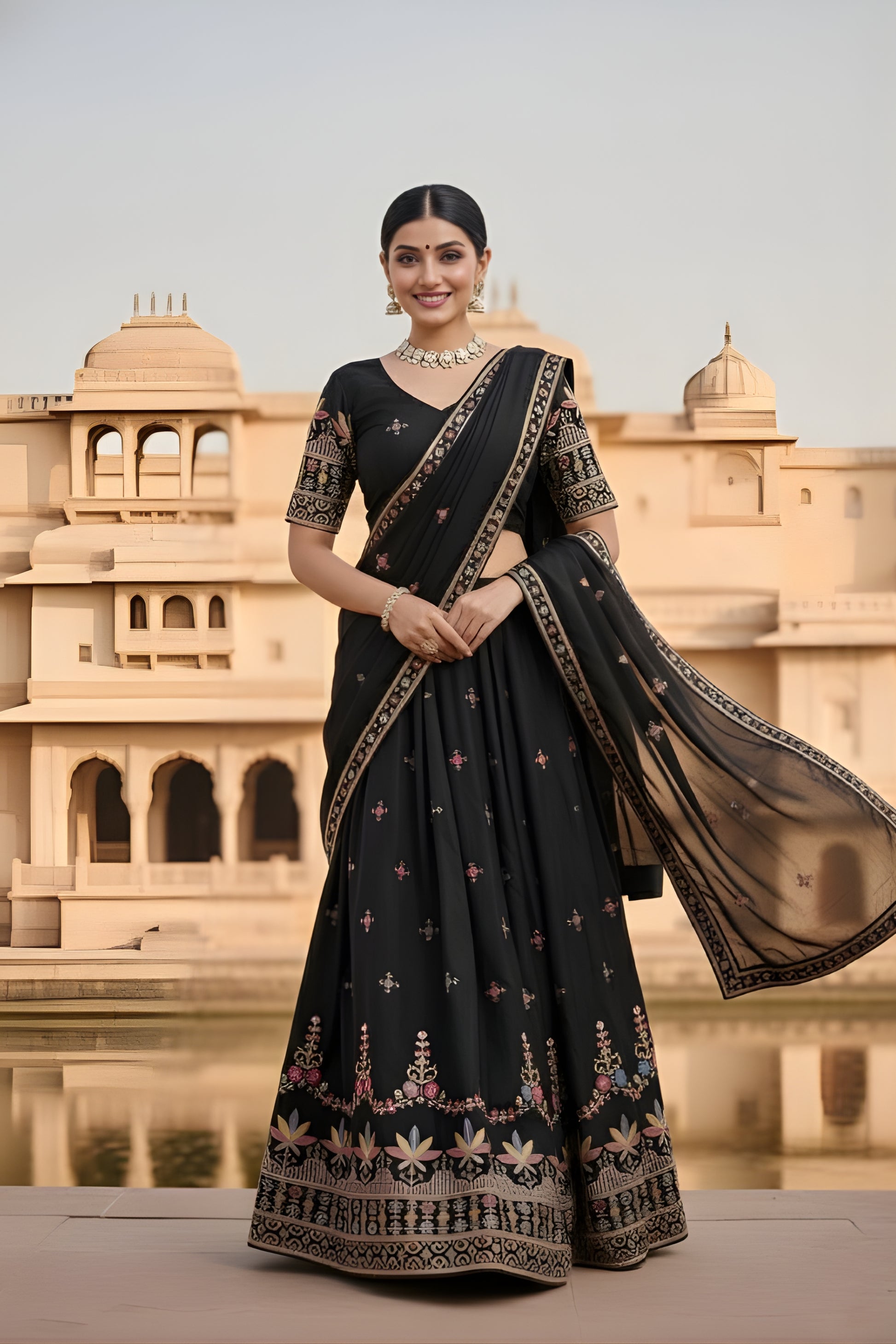 Elegant Black Georgette Embroidered Wedding Lehenga Choli with Dupatta