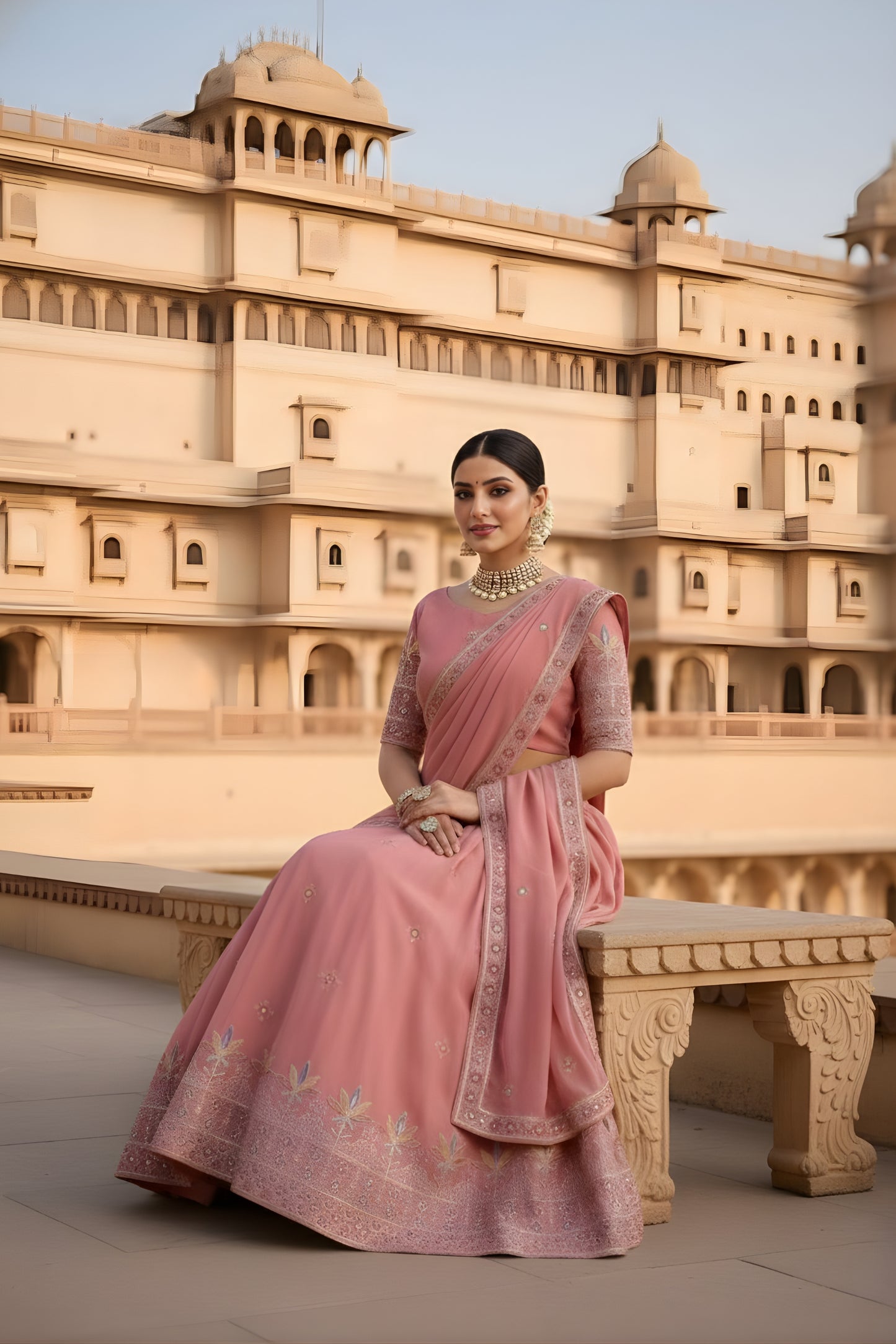 Lovely Pink Georgette Embroidered Wedding Lehenga Choli with Dupatta for Women