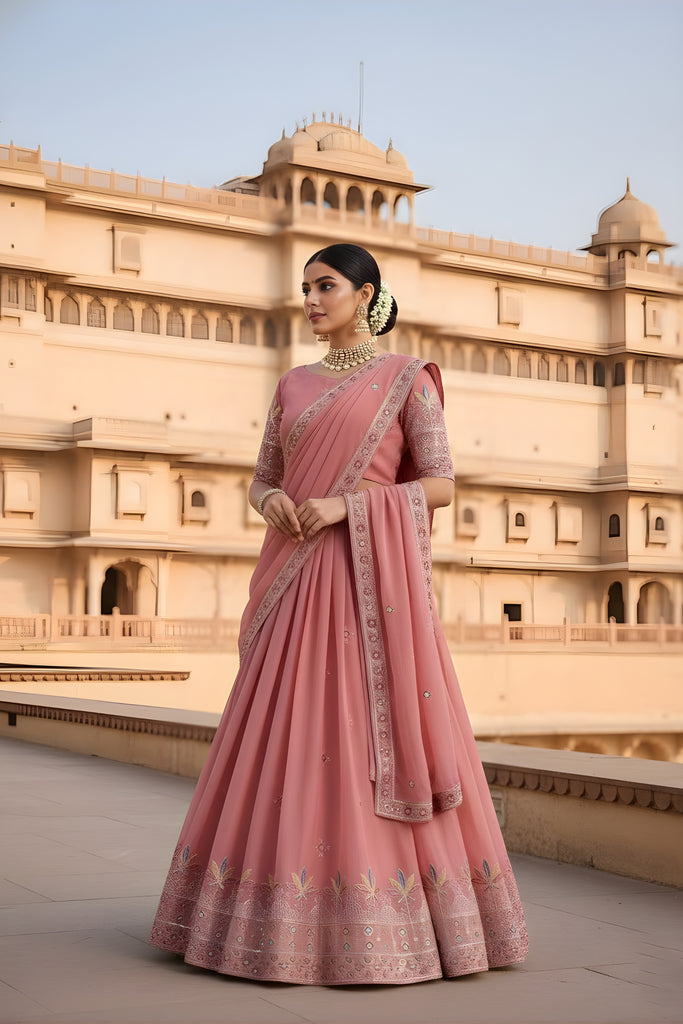 Lovely Pink Georgette Embroidered Wedding Lehenga Choli with Dupatta for Women