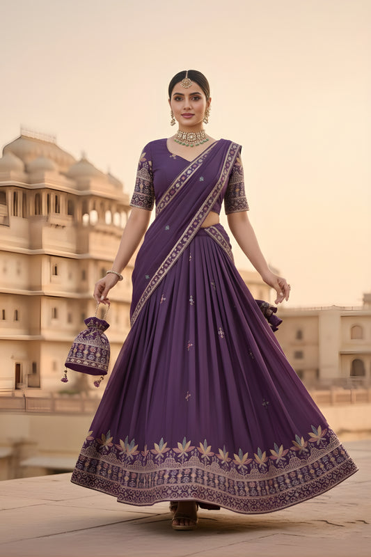 Trendy Purple Georgette Embroidered Wedding Lehenga Choli with Dupatta for Women