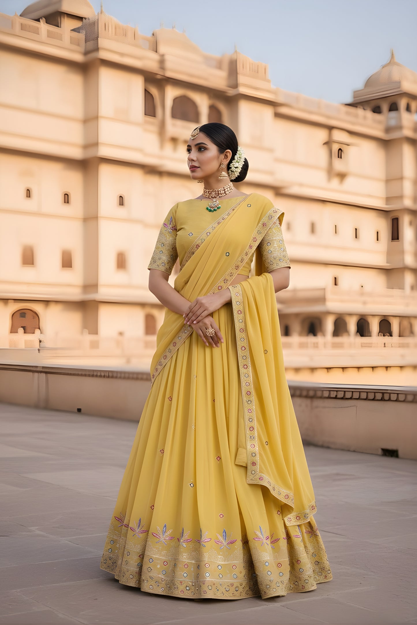 Outstanding Yellow Georgette Embroidered Wedding Lehenga Choli with Dupatta for Women