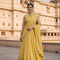 Outstanding Yellow Georgette Embroidered Wedding Lehenga Choli with Dupatta for Women