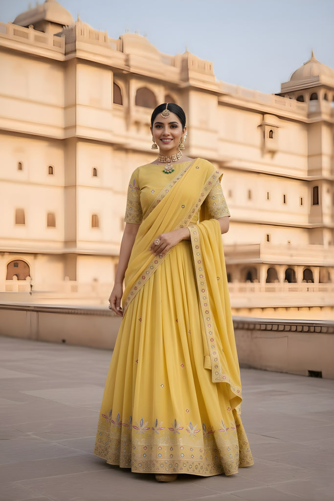 Outstanding Yellow Georgette Embroidered Wedding Lehenga Choli with Dupatta for Women