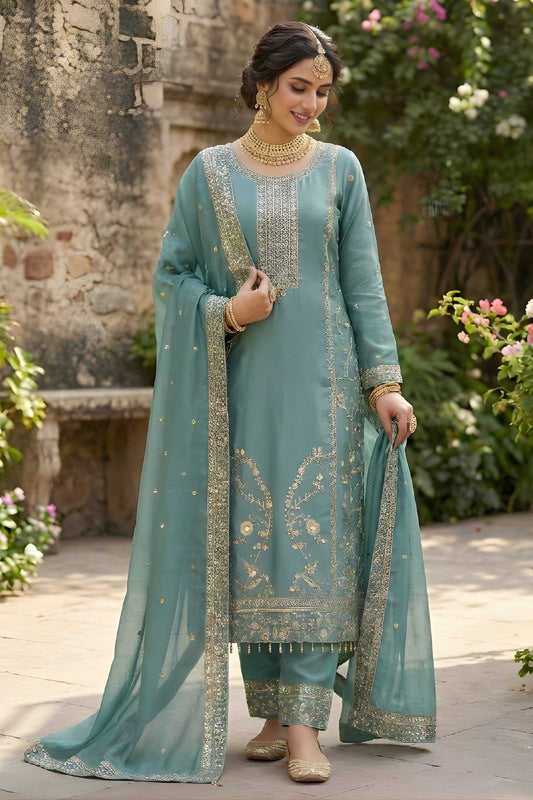 Grateful Teal Blue GMY Silk Embroidered Straight Cut Salwar Suit with Dupatta for Women