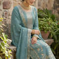 Grateful Teal Blue GMY Silk Embroidered Straight Cut Salwar Suit with Dupatta for Women