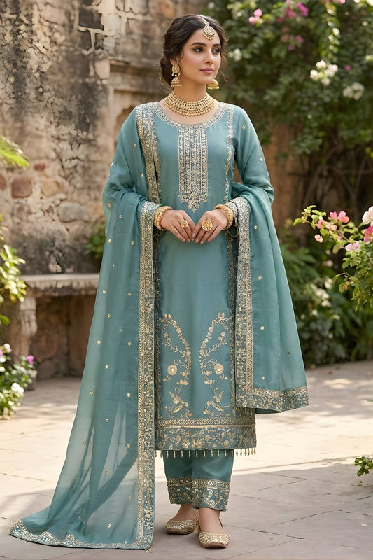 Grateful Teal Blue GMY Silk Embroidered Straight Cut Salwar Suit with Dupatta for Women
