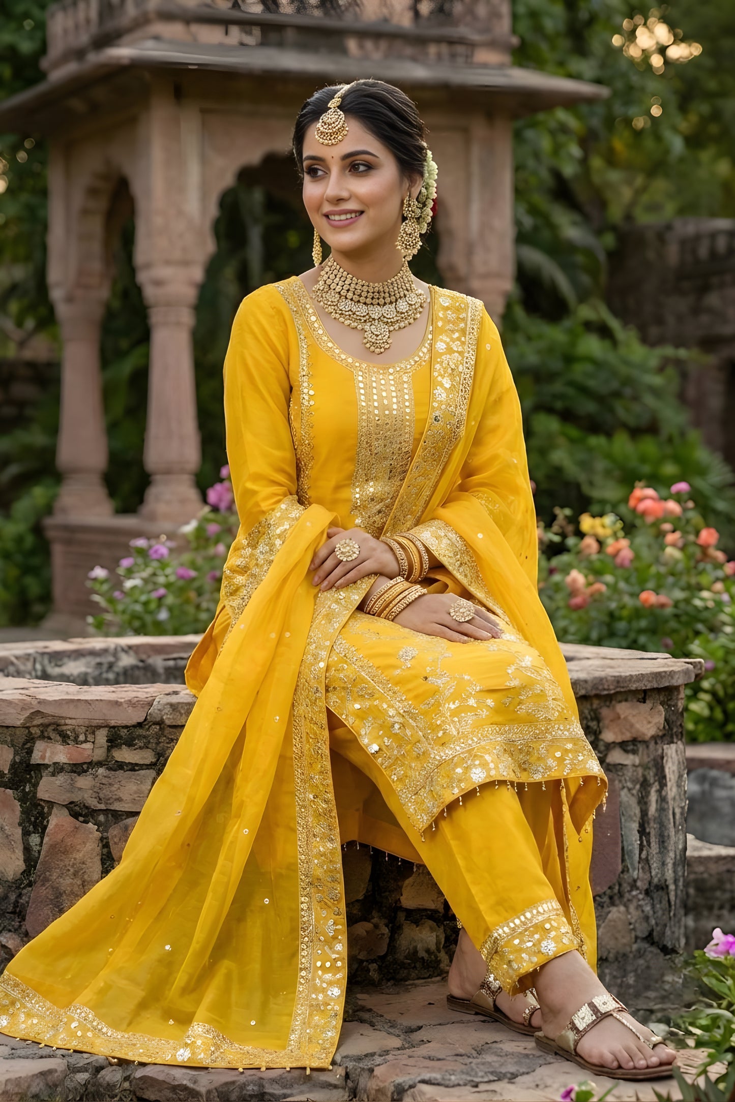 Designer Mustard Yellow GMY Silk Embroidered Straight Cut Salwar Suit with Dupatta for Women