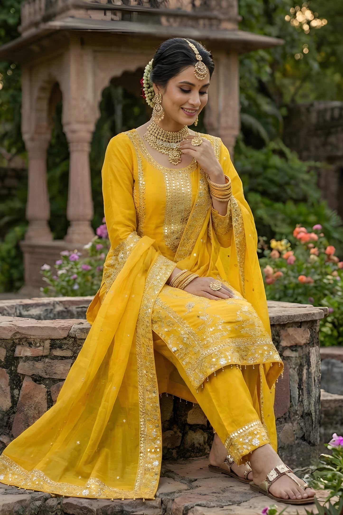 Designer Mustard Yellow GMY Silk Embroidered Straight Cut Salwar Suit with Dupatta for Women