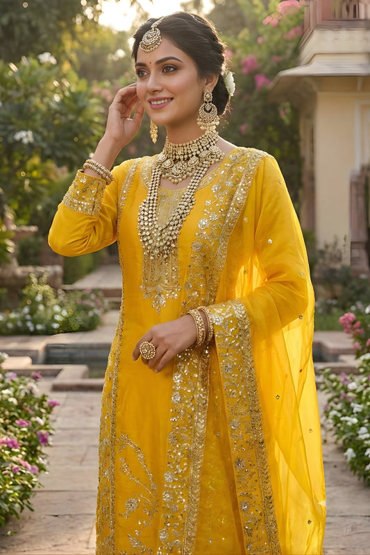 Designer Mustard Yellow GMY Silk Embroidered Straight Cut Salwar Suit with Dupatta for Women