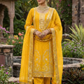 Designer Mustard Yellow GMY Silk Embroidered Straight Cut Salwar Suit with Dupatta for Women