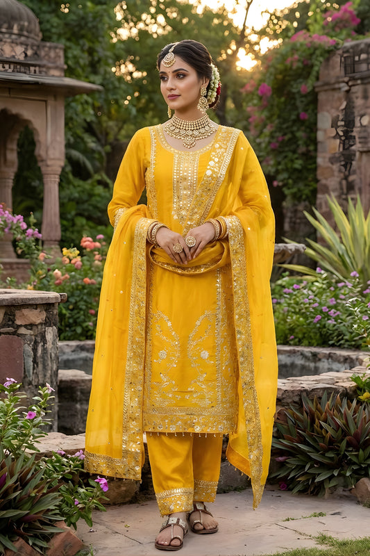 Designer Mustard Yellow GMY Silk Embroidered Straight Cut Salwar Suit with Dupatta for Women