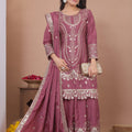 Awesome Mauve Natural Crepe Embroidered Palazzo Suit with Dupatta for Women