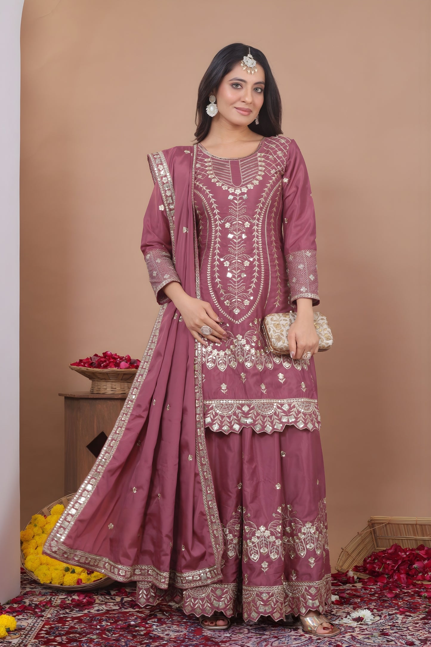 Awesome Mauve Natural Crepe Embroidered Palazzo Suit with Dupatta for Women