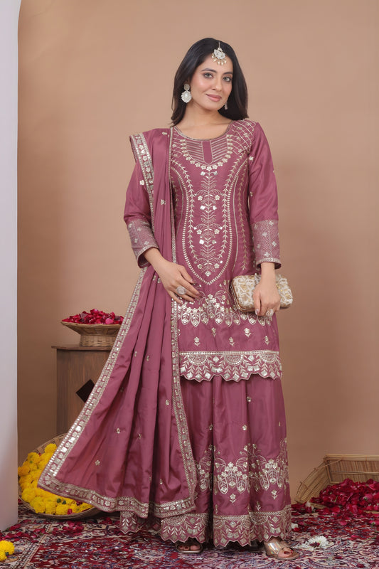 Awesome Mauve Natural Crepe Embroidered Palazzo Suit with Dupatta for Women