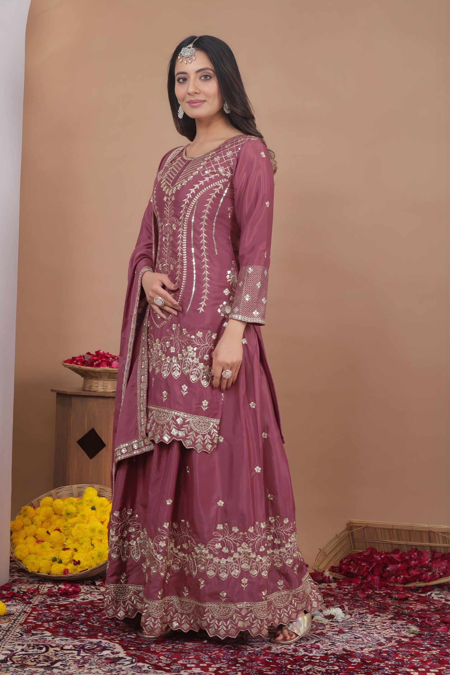 Awesome Mauve Natural Crepe Embroidered Palazzo Suit with Dupatta for Women
