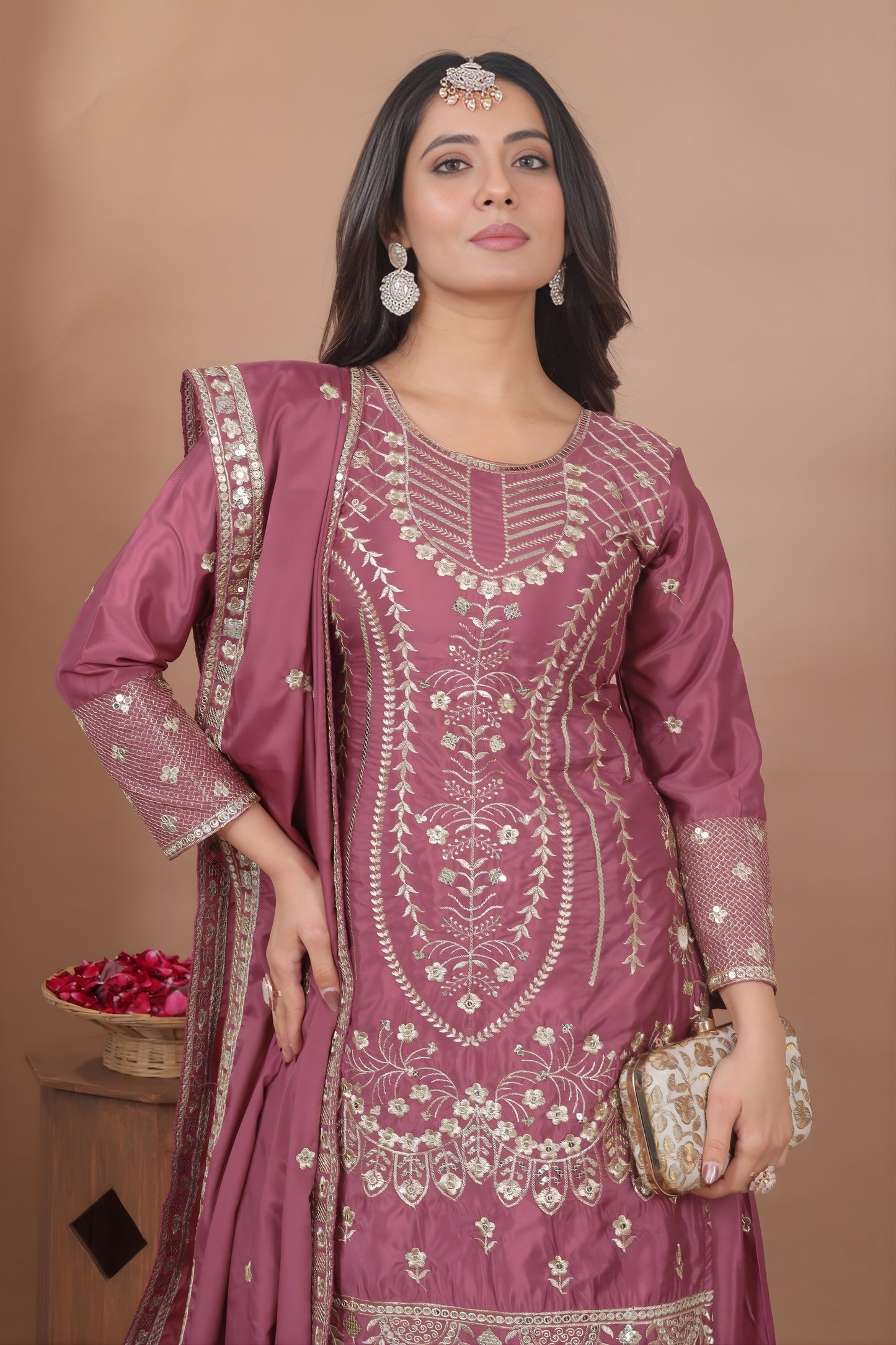 Awesome Mauve Natural Crepe Embroidered Palazzo Suit with Dupatta for Women