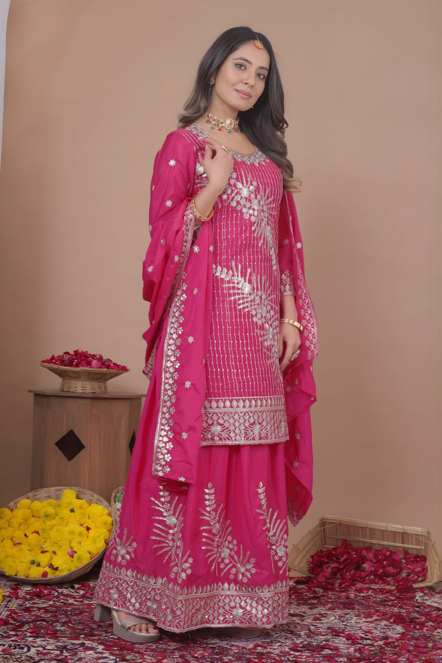 Stunning Rani Pink Natural Crepe Embroidered Palazzo Suit with Dupatta for Women
