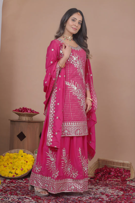 Stunning Rani Pink Natural Crepe Embroidered Palazzo Suit with Dupatta for Women