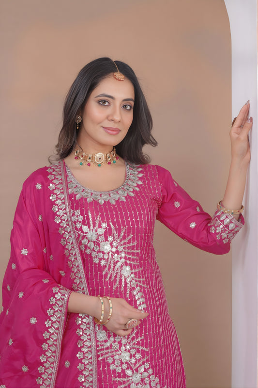 Stunning Rani Pink Natural Crepe Embroidered Palazzo Suit with Dupatta for Women