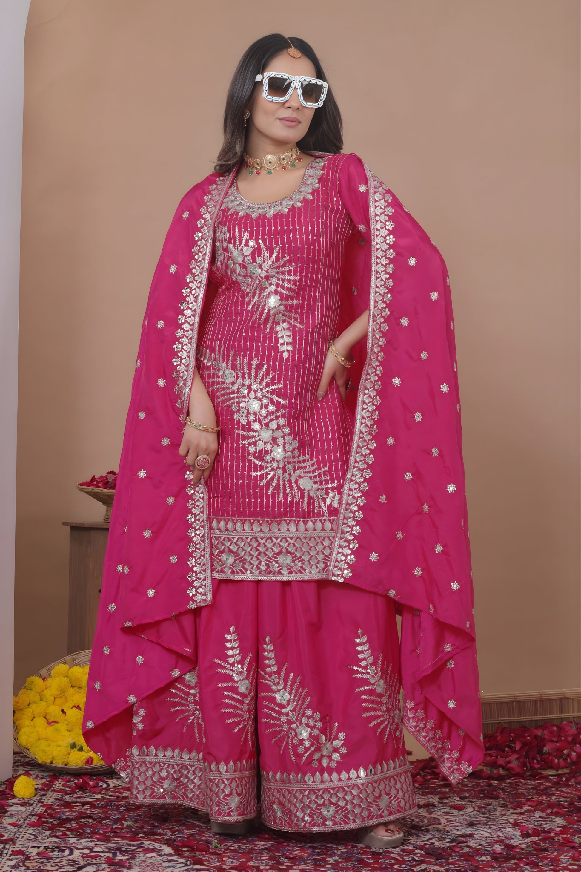 Stunning Rani Pink Natural Crepe Embroidered Palazzo Suit with Dupatta for Women