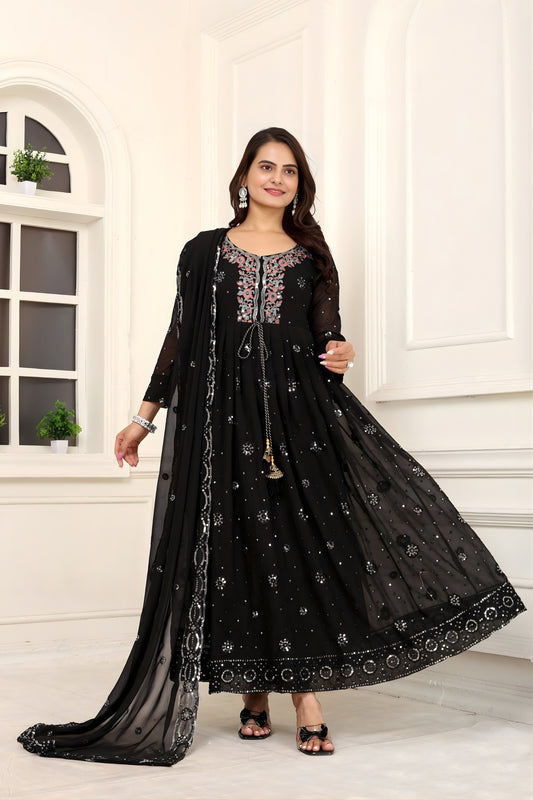 Elegant Black Faux Georgette Embroidered Anarkali Salwar Suit with Dupatta for Wedding