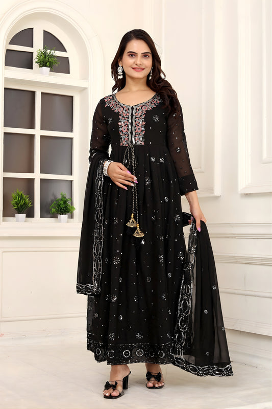 Elegant Black Faux Georgette Embroidered Anarkali Salwar Suit with Dupatta for Wedding