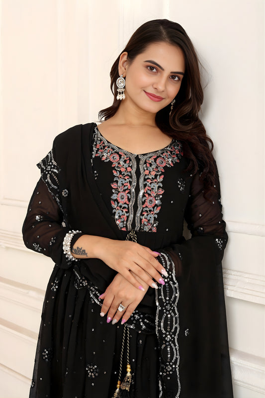 Elegant Black Faux Georgette Embroidered Anarkali Salwar Suit with Dupatta for Wedding
