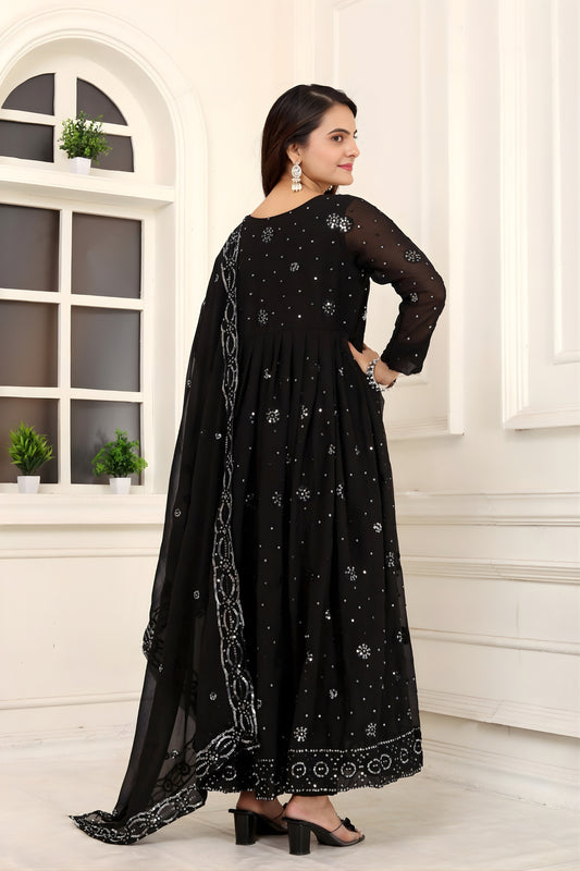 Elegant Black Faux Georgette Embroidered Anarkali Salwar Suit with Dupatta for Wedding
