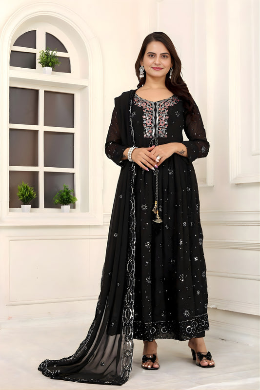 Elegant Black Faux Georgette Embroidered Anarkali Salwar Suit with Dupatta for Wedding
