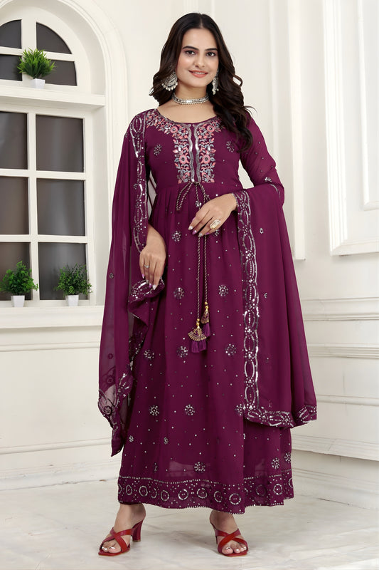 Stunning Wine Faux Georgette Embroidered Anarkali Salwar Suit with Dupatta for Wedding