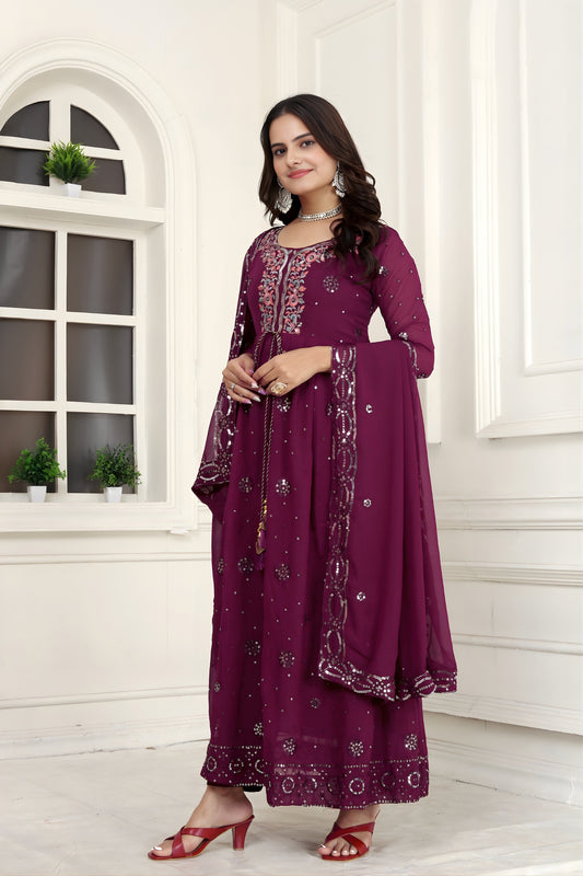 Stunning Wine Faux Georgette Embroidered Anarkali Salwar Suit with Dupatta for Wedding