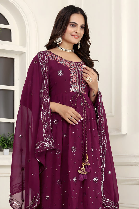Stunning Wine Faux Georgette Embroidered Anarkali Salwar Suit with Dupatta for Wedding