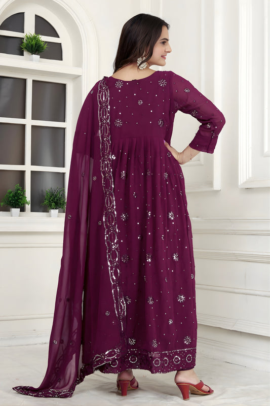 Stunning Wine Faux Georgette Embroidered Anarkali Salwar Suit with Dupatta for Wedding