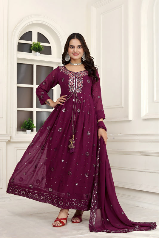 Stunning Wine Faux Georgette Embroidered Anarkali Salwar Suit with Dupatta for Wedding