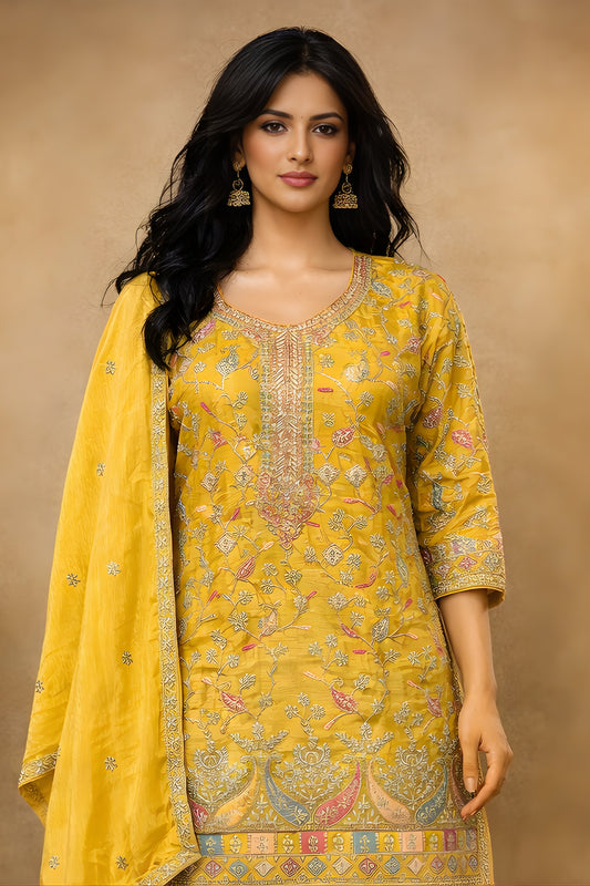 Fantastic Yellow Chinon Embroidered Readymade Palazzo Suit with Dupatta for Women
