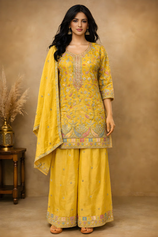 Fantastic Yellow Chinon Embroidered Readymade Palazzo Suit with Dupatta for Women