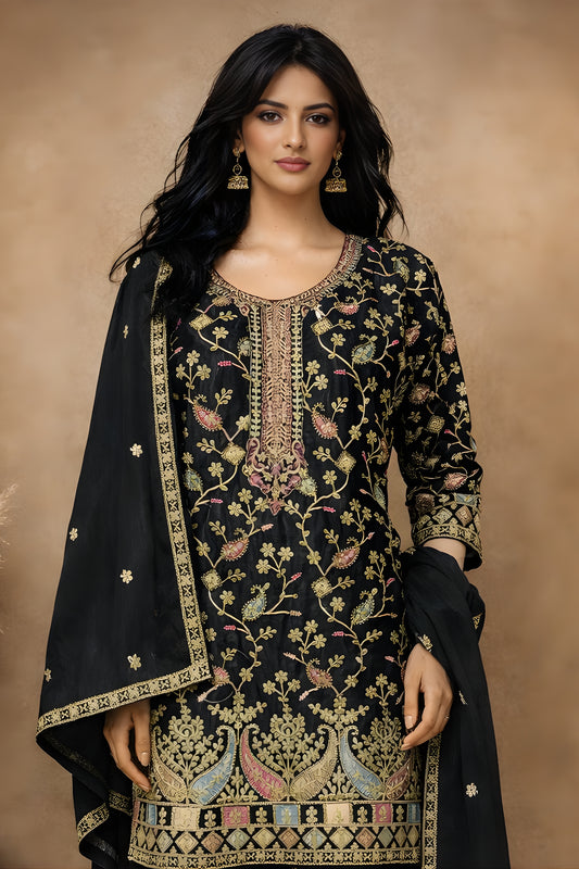 Trendy Black Chinon Embroidered Readymade Palazzo Suit with Dupatta for Women