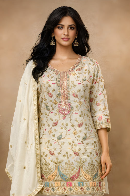 Fancy Off White Chinon Embroidered Readymade Palazzo Suit with Dupatta for Women