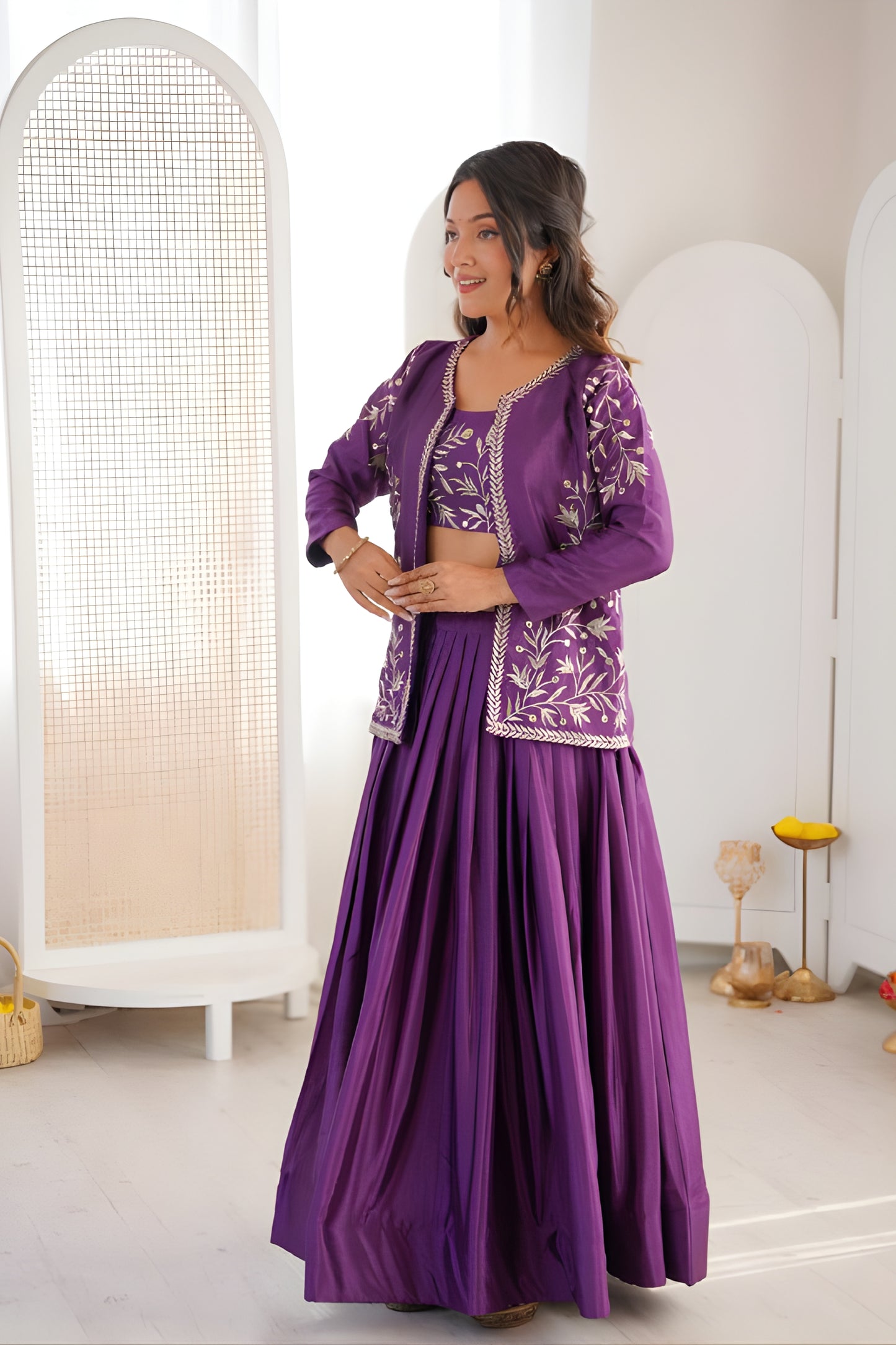 Amazing Purple Chinon Silk Embroidered Semi-Stitched Lehenga Set with Koti for Women