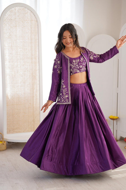 Amazing Purple Chinon Silk Embroidered Semi-Stitched Lehenga Set with Koti for Women