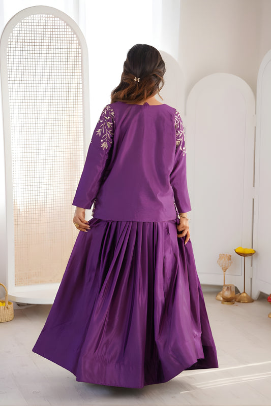 Amazing Purple Chinon Silk Embroidered Semi-Stitched Lehenga Set with Koti for Women