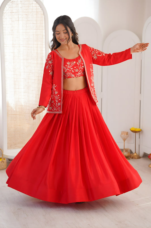 Stunning Red Chinon Silk Embroidered Semi-Stitched Lehenga Set with Koti for Women