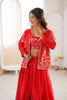 Stunning Red Chinon Silk Embroidered Semi-Stitched Lehenga Set with Koti for Women