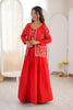 Stunning Red Chinon Silk Embroidered Semi-Stitched Lehenga Set with Koti for Women