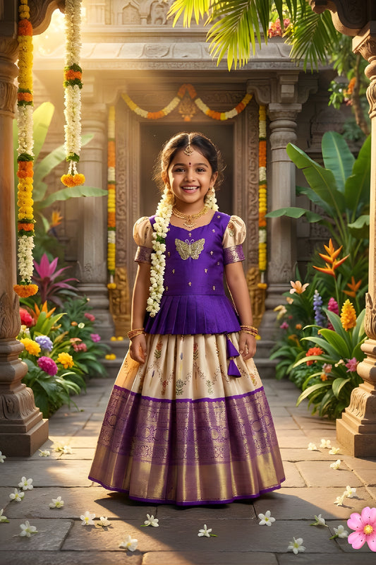 Traditional Purple and Cream Jacquard Girls Lehenga Choli for Wedding