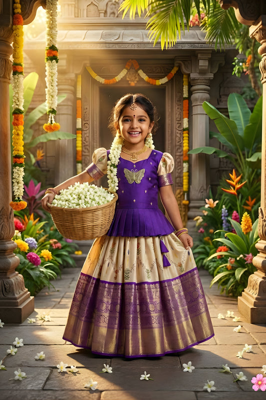 Traditional Purple and Cream Jacquard Girls Lehenga Choli for Wedding