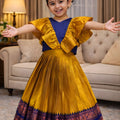 Designer Mustard Yellow Jacquard Girls Lehenga Choli with Blue Choli for Wedding