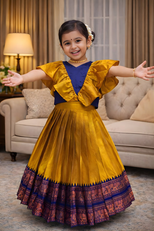 Designer Mustard Yellow Jacquard Girls Lehenga Choli with Blue Choli for Wedding